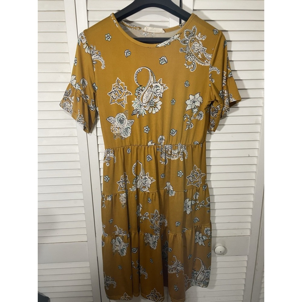 Tiffany & Grey Mustard Yellow Floral Paisley Dress Size M Ruffle Sleeve